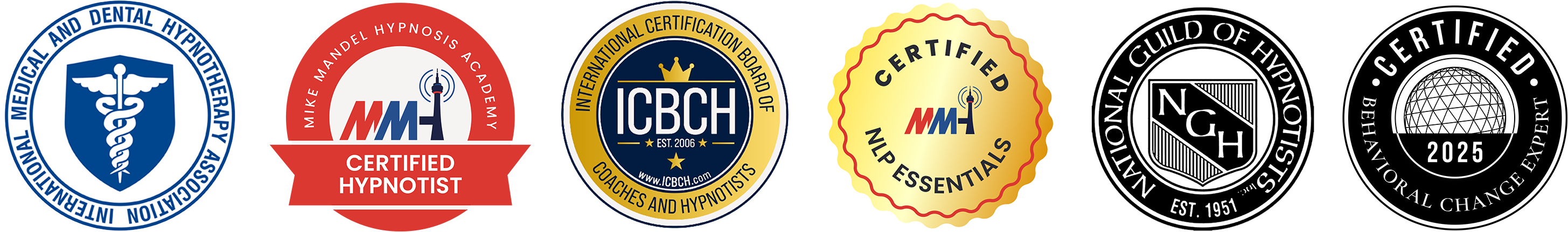 Certified Hypnotist from Mike Mandel Hypnosis Academy, International Certification Board Of Coaches and Hypnotists and National Guild Of Hypnotists